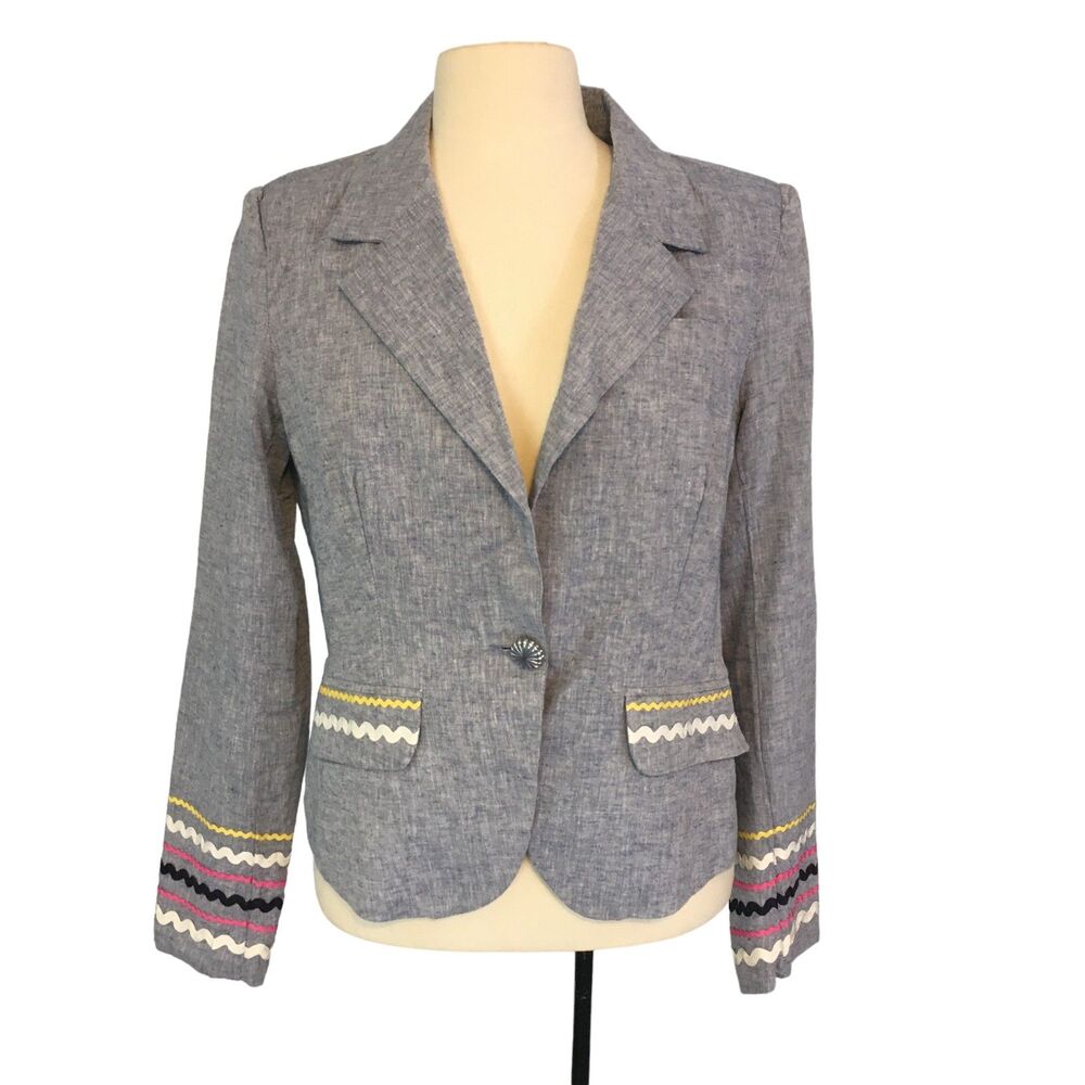 For Cynthia Womens Blue‎ Linen Blend Blazer, Jacket, Fun Rick Rack Trim M